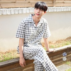 어나더디 남성용 통기성 모노체크 반팔 잠옷 세트