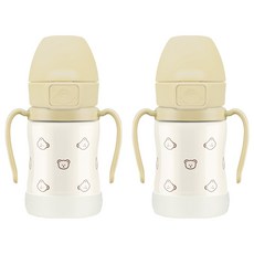 GROSMIMI 一鍵彈蓋不鏽鋼雙耳吸管學習杯, 奶油黃(小熊款), 200ml, 2個