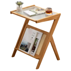 德利生活 折疊式玻璃45cm 原木色 小戶型客廳邊几 易清潔桌面 折疊收納