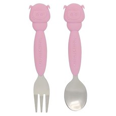 MARCUS&MARCUS 動物樂園不鏽鋼叉匙餐具組, 叉子 + 湯匙, 粉紅豬 粉色, 1組