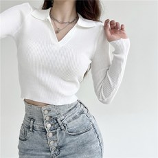 PEONIST 女款翻領V領短版針織衫