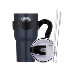 TUMS 大容量不鏽鋼真空隨行杯+把手杯套+防水密封吸管蓋+不鏽鋼吸管+不鏽鋼吸管刷組, Navy, 900ml, 1組
