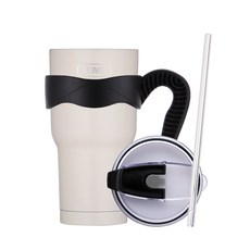 TUMS 大容量不鏽鋼真空隨行杯+把手杯套+防水密封吸管蓋+不鏽鋼吸管組, Beige, 900ml, 1組