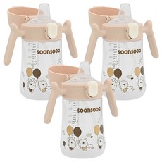 soonsooa 孩童用一觸式防漏吸管杯, 3個, 米色, 240ml