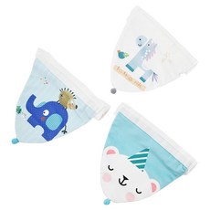 vanibaby 四層紗純棉吸汗巾 墊背巾 3件組 - 小象、小馬、北極熊圖案, 透氣清爽, 邊緣包邊, 藍色小象 + 白色小馬 + 北極熊, 1組