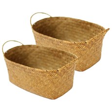 Gongganlove 手提圓形藤編水果籃, 自然色, 2個