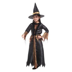 女童萬聖節豪華魔女服裝套組, 黑色 + 金色, 1套