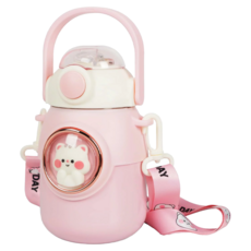 Mass 生活好物 316不銹鋼吸管保溫杯/戶外保溫水壺/太空倉真空保冷瓶 /提把兒童水壺 附背帶, 1個, 700ml, 粉色