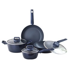 kitchenflower IH 電磁爐 Cookin' 綠木 平底鍋 + 鍋具 5件組, 1組, 28公分炒鍋, 24公分炒鍋, 20公分湯鍋, 18公分湯鍋, 20公分鍋蓋, 18公分鍋蓋, 24公分鍋蓋, 海軍藍