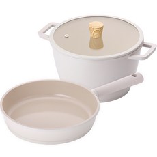 KITCHEN FLOWER CreamIH爐適用鍋具 2種組, 雙耳湯鍋24cm+平底鍋24cm, 單色