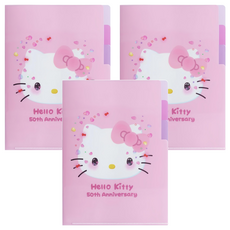 sun-star Hello Kitty 50週年 L型A5三夾層資料夾 155 x 1 x 220mm 24g, 粉嫩腮紅, 3個