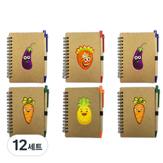 Bluemato 水果蔬菜 橫線 彈簧筆記本 70張 + 原子筆組 中型 SNP002, 隨機出貨(筆記本), 黑色(原子筆), 12套