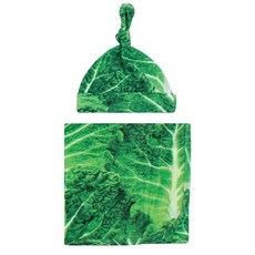 TOUCHED BY nature 有機棉嬰兒抱毯包巾毯 + 帽子組 柔軟彈性毯, 包巾毯91 x 91cm, 高麗菜 綠色