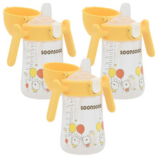 soonsooa 孩童用一觸式防漏吸管杯, 3個, 黃色, 240ml