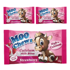 Moo Chews 牛奶鈣片 紐西蘭乳源 高鈣含量 輕巧小包裝 攜帶方便 香甜草莓口味, 18g, 3包