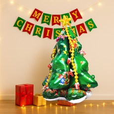 PARTYSHOW 立式鋁箔氣球聖誕樹B款 + 金屬聖誕拉旗套組, 1套, 混色