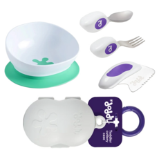 doddL 秒拾餐具6件組, 多色, 幼兒湯匙 + 叉子 + 刀子 + 攜帶盒 + 吸盤餐碗, 1組