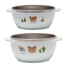 iNDi BEAR 防滑雙層不鏽鋼印花碗組, 天藍色, 飯碗+大碗