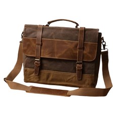 過蠟防潑水帆布配頭層瘋馬牛皮 男士肩背手提包/公事包/男包 CLB03, 軍綠色, 1個