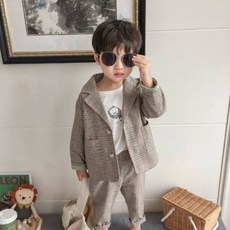 Orenjidamom 童款格紋西裝外套+獅子印花白襯衫+格紋褲子套裝