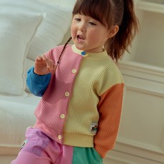 First Blue 兒童鬆餅格紋拼色開襟衫