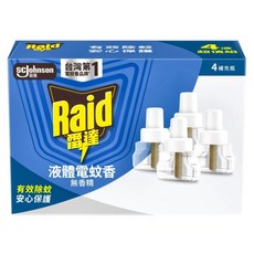 Raid 雷達 薄型液體電蚊香 補充瓶 4入 有效除蚊 安心保護 無香精 無染料, 164ml, 1盒