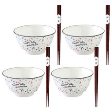 JUST HOME 水磨石陶瓷飯碗筷子組 原木筷, 4個飯碗 + 4雙筷子, 1組