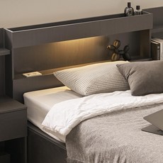 슬립스토아 브리요 LED 조명 빅수납 침대 프레임 + 멜로우 고급 지퍼형 독립쿠션 매트리스 세트 방문설치, 그레이 + 화이트