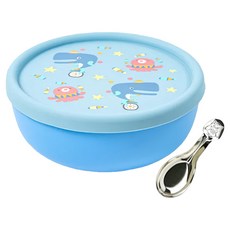 KOM 316不鏽鋼兒童隔熱碗組, 鯨魚(藍), 1組, 矽膠上蓋 + 湯匙