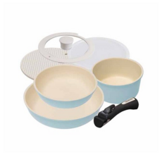 IRIS OHYAMA 愛麗思歐雅瑪 馬卡龍陶瓷塗層IH不沾鍋具6件組 CC-SE6N, 平底鍋26cm+平底鍋20cm++湯鍋18cm 矽膠玻璃鍋蓋18cm+PE密封蓋18cm+可拆式把手+隔熱鍋墊, 藍色, 1組