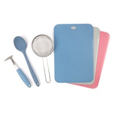 2deco 副食品烹飪專用工具組, 藍色, 濾網+料理匙+砧板 3入+搗碎器, 1組