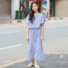 女童條紋荷葉邊短袖上衣+長褲套裝