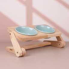 EGUEGU 寵物用可自由調節原木雙碗餐具, 薄荷綠, 1個