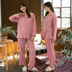 테라우드 여성용 통기성 거즈순면 긴팔 잠옷 상하세트