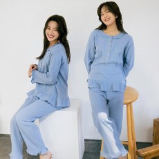 테라우드 여성용 통기성 거즈순면 긴팔 잠옷 상하세트