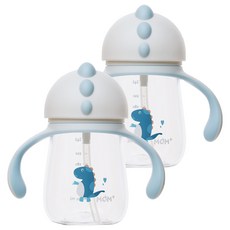 防溢 Tritan 恐龍吸管杯 260ml, 藍色, 2個