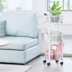 SenseUp 移動式多用途鐵製收納旋轉圓形推車, 白色, 1個, 3層