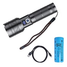 미나티 충전식 LED 휴대용 손전등 5000mAh J85 + 스트랩 + 충전지 + 케이블 + 케이스 세트, 블랙(손전등), 1세트