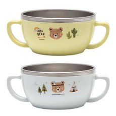 iNDi BEAR 小熊印花不鏽鋼防滑雙耳碗, 黃色+天藍色, 2入