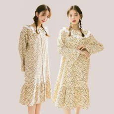 테라우드 여성용 면기모 프릴 카라 긴팔 파자마 원피스 2p 세트