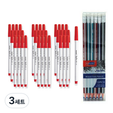 모나미 사인펜 351 12개입 3p + 스카이글로리 삼각 지우개 연필 12p 세트, 적색(사인펜), 혼합색상(연필), 3세트