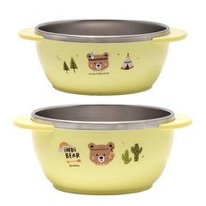 iNDi BEAR 防滑雙層不鏽鋼雙耳印花碗組, 黃色, 飯碗+大碗