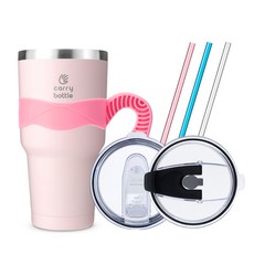 carry bottle Monster保溫杯+矽膠防滑手把+翻轉吸管杯蓋+吸管3入組, 粉色(保溫杯),粉色(手柄), 900ml, 1組