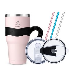 carry bottle Monster保溫杯+矽膠防滑手把+翻轉吸管杯蓋+吸管3入組, 粉色(保溫杯),黑色(手柄), 900ml, 1組