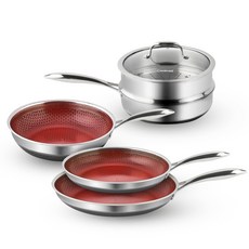 Cookcell IH感應爐適用陶瓷塗層平底鍋 6件組, 紅色, 1組, 陶瓷塗層平底鍋 24cm+28cm+陶瓷塗層深炒鍋 24cm+陶瓷塗層炒鍋 24cm+蒸盤 24cm+鍋蓋 24cm