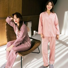 테라우드 여성용 클래식 체크 순면 긴팔 잠옷 상하의 세트 2p