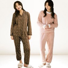 테라우드 여성용 플라워 피치 기모 상하의 잠옷 + 융털 수면 상하의 잠옷 세트