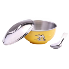 ZEBRA THAILAND 304不銹鋼上蓋兒童隔熱碗 雙層隔熱設計 11cm, 黃色, 附湯匙, 1組