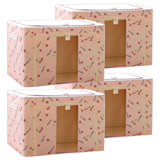 小麥購物 大容量防潑水牛津布雙門單視窗衣物鐵架收納箱 66L, 4個, 粉色小草