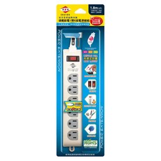 WeiTien 威電 1開6座 可壁掛 防雷擊延長線 過載自動斷電, 1.8m, 白色 + 灰色, 1個